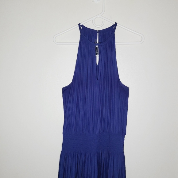 Ramy Brook Anna Dress Navy Blue Large Halter Neckline Smocked Waist Lace Accents - Picture 2 of 9